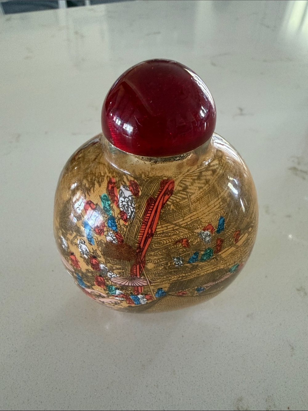 REVERSE PAINTED Asian Snuff Perfume Bottle Vibrant Colors Waterfront Village
